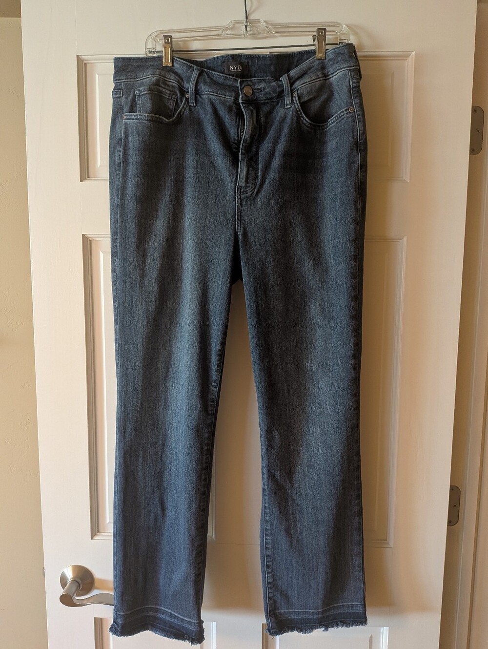 NYDJ Straight Leg Jeans in Medium Denim Blue Raw Hem